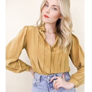 80s Pleated Silk Button Down Marigold Blouse